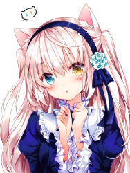 Rule 34 | 1girl, :o, animal ears, blonde hair, blue dress, blue eyes, blue hairband, blush, cat ears, dress, eyelashes, flower, frilled shirt collar, frilled sleeves, frills, hair between eyes, hair flower, hair ornament, hairband, head tilt, heterochromia, juliet sleeves, long hair, long sleeves, looking at viewer, nogi takayoshi, open mouth, original, puffy sleeves, solo, tareme, twintails, upper body, very long hair, wide sleeves, x hair ornament, yellow eyes