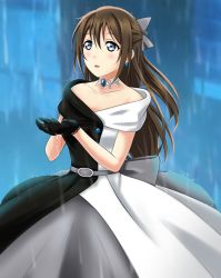 Rule 34 | 1girl, :o, aqua eyes, artist name, artist request, back bow, bare shoulders, belt, black dress, black gloves, black skirt, blue eyes, blush, bow, breasts, brown hair, buttons, choker, cleavage, collarbone, dress, drop earrings, earrings, female focus, gloves, grey belt, grey bow, grey skirt, hair between eyes, hair bow, high ponytail, jewelry, lace, lace gloves, long hair, looking at viewer, looking up, love live!, love live! nijigasaki high school idol club, love live! school idol festival, multicolored clothes, necklace, off-shoulder dress, off shoulder, osaka shizuku, parted lips, ponytail, rain, sidelocks, skirt, sleeveless, sleeveless dress, small breasts, smile, solitude rain (love live!), solo, two-tone dress, white bow, white dress, white skirt