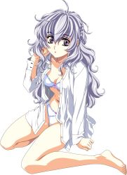 Rule 34 | 00s, 1girl, barefoot, bow, bow bra, bow panties, bra, breasts, cleavage, feet, full metal panic!, highres, lingerie, long hair, open clothes, open shirt, panties, purple eyes, shirt, silver hair, solo, teletha testarossa, toes, underwear, vector trace, wavy hair