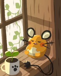 Rule 34 | closed eyes, commentary request, creatures (company), cup, dedenne, fang, game freak, gen 6 pokemon, highres, indoors, mug, nintendo, no humans, on shelf, open mouth, plant, pokemon, pokemon (creature), sapling, sleeping, solo, tomozo (muginosukejr), vines, window