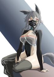 Rule 34 | 1girl, absurdres, animal ear fluff, animal ears, black leotard, black thighhighs, breasts, cleavage, colored eyelashes, covered mouth, covered navel, fox ears, fox tail, ft erzalove, full-length zipper, grey hair, half mask, highleg, highleg leotard, highres, leotard, long hair, long sleeves, looking to the side, mask, medium breasts, mouth mask, neck corset, ninja mask, orange eyes, original, simple background, sitting, solo, strapless, strapless leotard, striped clothes, striped thighhighs, tail, thighhighs, thighs, zipper, zipper pull tab