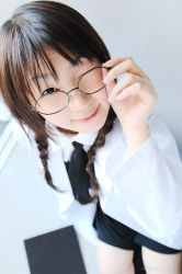Rule 34 | 1girl, asian, braid, brown hair, clipboard, cosplay, d.gray-man, from above, glasses, indoors, lab coat, lou fa, lou fa (cosplay), necktie, one eye closed, photo (medium), rohfa, rohfa (cosplay), socks, solo, takamura mashiro, twintails, wink
