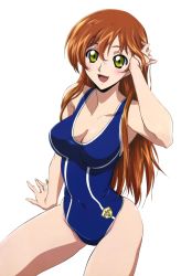 Rule 34 | 1girl, :d, adjusting hair, arm up, blush, breasts, brown hair, code geass, female focus, gloves, green eyes, hair between eyes, hand on head, happy, large breasts, long hair, looking at viewer, navel, official art, one-piece swimsuit, open mouth, shirley fenette, simple background, single vertical stripe, sitting, smile, solo, spread legs, swim cap, swimsuit, thighs, third-party edit, wet, wet hair, wide hips