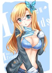 Rule 34 | 10s, 1girl, :o, bikini, bikini top only, blonde hair, blue bikini, blush, boku wa tomodachi ga sukunai, breasts, bug, butterfly, butterfly hair ornament, cleavage, clothes lift, covered erect nipples, front-tie top, glasses, hair ornament, insect, jacket, kashiwazaki sena, large breasts, long hair, looking at viewer, miyuki rei, open clothes, open fly, open jacket, plaid, shiny skin, shirt lift, shorts, solo, swimsuit