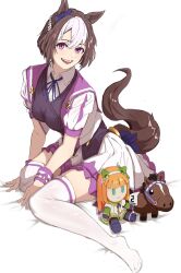 Rule 34 | 2girls, animal ears, braid, breasts, brown hair, character doll, clothing cutout, dress, french braid, grin, highres, horse ears, horse girl, horse tail, looking at viewer, medium breasts, multicolored hair, multiple girls, pink eyes, pleated skirt, puffy short sleeves, puffy sleeves, purple dress, short hair, short sleeves, silence suzuka (umamusume), simple background, skirt, smile, special week (racehorse), special week (umamusume), streaked hair, tail, tail through clothes, teeth, thighhighs, toes, uki kumo, umamusume, upper teeth only, white background, white hair, white skirt, white thighhighs, wrist cuffs