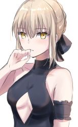 Rule 34 | 1girl, arm up, artoria pendragon (all), artoria pendragon (alter swimsuit rider) (fate), artoria pendragon (fate), bare arms, bare shoulders, black ribbon, blonde hair, braid, breasts, cleavage, fate/grand order, fate (series), hair ribbon, highres, looking at viewer, open mouth, ribbon, saber alter, sii artatm, simple background, solo, upper body, white background, yellow eyes