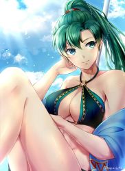 Rule 34 | 1girl, abs, alternate costume, bare legs, bare shoulders, beads, bikini, breasts, cleavage, cleavage cutout, closed mouth, clothing cutout, collarbone, commentary, criss-cross halter, day, female focus, fire emblem, fire emblem: the blazing blade, green eyes, green hair, hair beads, hair ornament, halterneck, head tilt, kazame, knee up, legs, lyn (fire emblem), medium breasts, neck, nintendo, o-ring, o-ring bikini, o-ring swimsuit, ponytail, sitting, sky, solo, sunlight, swimsuit, wet
