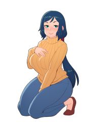 Rule 34 | 1girl, absurdres, aqua eyes, between legs, blue eyes, blue hair, blush, breasts, denim, eyebrows, gundam, gundam build fighters, hand between legs, hand on own chest, highres, iori rinko, jeans, kneeling, large breasts, lipstick, long hair, makeup, mature female, mature female, naughty face, pants, ponytail, ribbed sweater, riz, solo, sweater, thighs, turtleneck, turtleneck sweater, white background, yellow sweater