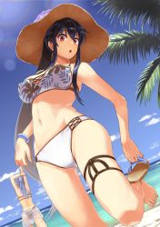 Rule 34 | 2girls, :o, abo (hechouchou), ass, barefoot, beach, bikini, black hair, blue hair, breasts, brown bikini, day, floral print, from below, gotland (kancolle), hair down, hat, highres, kantai collection, long hair, looking at viewer, looking down, medium breasts, multiple girls, official alternate costume, open mouth, outdoors, palm tree, ponytail, red eyes, sandals, sidelocks, solo focus, sun hat, swimsuit, tree, very long hair, white bikini, yahagi (kancolle)