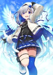Rule 34 | 1girl, :d, amane kanata, amane kanata (work), angel wings, arm up, black gloves, black shirt, blue eyes, blue hair, blue thighhighs, colored inner hair, commentary request, eyes visible through hair, feathers, gloves, gradient skirt, hat, highres, hololive, hototogisu (hot to gis), jacket, long sleeves, looking at viewer, multicolored hair, open clothes, open jacket, open mouth, partially fingerless gloves, pink hair, pleated skirt, shirt, shoes, silver hair, single thighhigh, skirt, smile, solo, standing, standing on one leg, streaked hair, thigh strap, thighhighs, virtual youtuber, white footwear, white hat, white jacket, wings