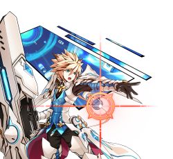 Rule 34 | 1boy, :o, absurdres, armor, black pants, blonde hair, blue eyes, boots, brown hair, cannon, chung seiker, cowboy shot, elsword, full armor, gloves, highres, huge weapon, hwansang, long hair, male focus, multicolored hair, official art, open mouth, outstretched hand, pants, pauldrons, shell casing, shoulder armor, solo, spiked hair, streaked hair, surcoat, tactical trooper (elsword), thigh boots, thighhighs, transparent background, two-tone hair, weapon