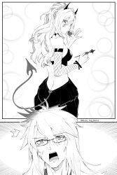 Rule 34 | 1boy, 1girl, absurdres, black dress, butt crack, candy, chocolate, chocolate heart, comic, demon horns, dress, fake horns, fake tail, fate/grand order, fate (series), food, glasses, heart, highres, horns, house tag denim, kriemhild (fate), monochrome, open mouth, siegfried (fate), siegfried (super cool biz) (fate), tail, twitter username, white background