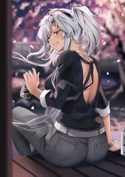 Rule 34 | absurdres, alternate costume, backless outfit, beer can, black nails, black shirt, blurry, blurry background, can, dark-skinned female, dark skin, deck, drink, drink can, eyewear on head, glasses, grey pants, hair between eyes, highres, holding, holding drink, jewelry, kantai collection, long hair, musashi (kancolle), musashi kai ni (kancolle), nail polish, pants, platinum blonde hair, red eyes, ring, semi-rimless eyewear, shirt, short hair with long locks, sitting, twintails, two side up, very long hair, yunamaro