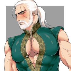 Rule 34 | 1boy, beard, blush, facial hair, geralt of rivia, kiricloud, looking at viewer, male focus, muscular, pectorals, scar, solo, sweat, the witcher (series), the witcher 3