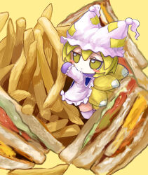Rule 34 | 1girl, absurdres, animal hat, blonde hair, blush stickers, chibi, closed mouth, dress, food, fox tail, french fries, frilled dress, frills, fumo (doll), hat, highres, in food, jitome, long sleeves, mini person, minigirl, mob cap, multiple tails, sandwich, solo, tail, touhou, white dress, white hat, yakumo ran, yakumora n, yellow background, yellow eyes