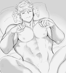 Rule 34 | 1boy, bad id, bad twitter id, bara, bed, blush, closed eyes, closed mouth, granblue fantasy, greyscale, highres, large pectorals, lying, male focus, migi (mm86262394), monochrome, muscular, muscular male, navel, nipples, nude, on back, on bed, paw pose, pectorals, short hair, solo, spread legs, thick thighs, thighs, vane (granblue fantasy)