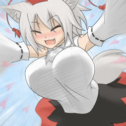 Rule 34 | 1girl, animal ears, blush, bouncing breasts, breasts, detached sleeves, closed eyes, fang, female focus, hat, heart, huge breasts, incoming hug, inubashiri momiji, large breasts, open mouth, oro (zetsubou girl), outstretched arms, silver hair, solo, spread arms, tail, tokin hat, touhou, wolf ears, wolf tail