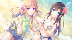 Rule 34 | 2girls, :d, arm support, bare shoulders, barefoot, beach, bikini, blue eyes, blue sailor collar, blue shorts, bow, bracelet, breasts, brown hair, cleavage, closed mouth, commentary request, day, fang, fingernails, flower, goma (11zihisin), hair between eyes, hair bow, hair flower, hair ornament, halterneck, hand up, highres, holding, jewelry, light brown hair, long hair, looking at viewer, medium breasts, multiple girls, nail polish, navel, o-ring, o-ring bikini, o-ring bottom, o-ring top, open clothes, open fly, open mouth, open shorts, original, outdoors, outstretched arm, pink nails, purple eyes, red flower, sailor collar, sand, school uniform, serafuku, shirt, short shorts, short sleeves, shorts, smile, soles, striped bikini, striped bow, striped clothes, suspender shorts, suspenders, swimsuit, v-shaped eyebrows, very long hair, water, water gun, white shirt
