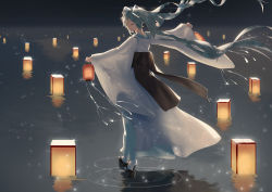 Rule 34 | 1girl, backlighting, black footwear, blue hair, closed mouth, commentary, closed eyes, facing away, floating hair, full body, geta, glowing, hatsune miku, highres, holding, holding lantern, horizon, japanese clothes, kimono, kuroi enpitsu, lantern, lantern on liquid, light particles, light smile, long hair, night, night sky, obi, outdoors, outstretched arms, paper lantern, reflection, ripples, sash, shadow, shoes, sky, socks, solo, standing, standing on liquid, traditional clothes, twintails, very long hair, vocaloid, walking, walking on liquid, water, white kimono, white socks, wide sleeves