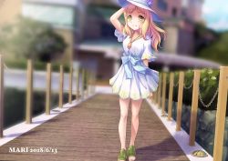 Rule 34 | 1girl, absurdres, arm at side, b.ren, blonde hair, blurry, blurry background, chain, character name, dated, dress, flower, green footwear, grin, hair down, hand on headwear, hat, hat flower, highres, jewelry, long hair, looking at viewer, love live!, love live! school idol festival, love live! sunshine!!, ohara mari, toeless footwear, outdoors, pendant, pier, sash, short sleeves, smile, solo, standing, sun hat, white dress, yellow eyes