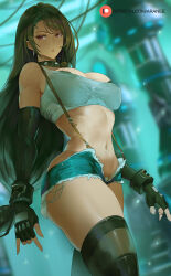 Rule 34 | 1girl, araneesama, bare shoulders, black collar, black gloves, black thighhighs, blue shorts, breasts, brown hair, cleavage, collar, elbow gloves, final fantasy, final fantasy vii, fingerless gloves, gloves, highres, large breasts, long hair, looking at viewer, navel, shirt, short shorts, shorts, solo, spiked collar, spikes, thighhighs, thighs, tifa lockhart, white shirt