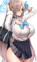 Rule 34 | 1girl, absurdres, aqua bow, aqua bowtie, arms up, asuna (blue archive), bag, black skirt, blue archive, blue eyes, blush, bow, bowtie, bra visible through clothes, breasts, button gap, chumo 1021, cleavage, collarbone, gyaru, halo, highres, huge breasts, kogal, light brown hair, long hair, looking ahead, loose bowtie, microskirt, pleated skirt, school bag, school uniform, scrunchie, shirt, shirt tucked in, simple background, skirt, skirt caught on object, skirt rolled up, solo, straight hair, sweat, very long hair, white background, white shirt, wrist scrunchie