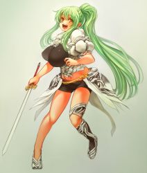 Rule 34 | 1girl, breasts, female focus, green hair, huge breasts, long hair, open mouth, original, ponytail, sachito, solo, sumi-chan (sachito), sword, weapon, yellow eyes