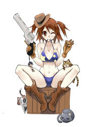Rule 34 | 1girl, absurdres, bikini, boots, breasts, brown eyes, brown hair, bullet, cat, cleavage, cross-laced footwear, gloves, gun, handgun, hat, highres, hk33, large breasts, mouth hold, navel, one eye closed, original, revolver, s&amp;w 500 magnum, side ponytail, solo, spread legs, star (symbol), star print, swimsuit, trigger discipline, untied, weapon, wink