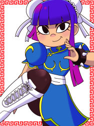 Rule 34 | 1girl, alternate costume, bad id, bad pixiv id, black eyes, blue dress, boots, bracelet, breasts, brown pantyhose, bun cover, capcom, china dress, chinese clothes, chun-li, chun-li (cosplay), commentary request, cosplay, cross-laced footwear, dokuringo, double bun, dress, fighting stance, glitch techs, hair bun, highres, jewelry, knee boots, long hair, looking at viewer, miko kubota, pantyhose, pelvic curtain, puffy short sleeves, puffy sleeves, purple hair, sash, short sleeves, simple background, small breasts, smile, solo, spiked bracelet, spikes, standing, street fighter, white footwear, yaranainoka