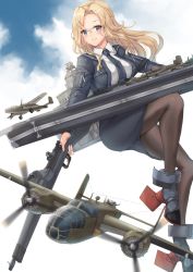 Rule 34 | 1girl, aircraft, airplane, b-25 mitchell, black jacket, black necktie, black pantyhose, black skirt, blonde hair, blue eyes, bomber, breasts, closed mouth, flight deck, highres, hornet (kancolle), jacket, k jie, kantai collection, large breasts, long hair, long sleeves, machinery, military, military vehicle, necktie, pantyhose, pencil skirt, rigging, shirt, skirt, smile, solo, white shirt, zipper, zipper pull tab