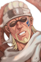 Rule 34 | 1boy, bad id, bad pixiv id, beard, blonde hair, blurry, bowen niao, facial hair, facial mark, facial tattoo, flak jacket, forehead protector, grin, highres, jacket, killer bee, male focus, naruto, naruto (series), portrait, simple background, smile, solo, tattoo, tentacles, white background