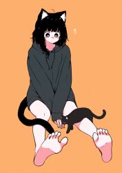 Rule 34 | 1girl, animal ear fluff, animal ears, barefoot, between legs, black cat, black hair, blush stickers, cat, cat ears, cat girl, cat tail, closed mouth, commentary request, drawstring, full body, grey eyes, grey hoodie, hand between legs, highres, hood, hood down, hoodie, long hair, long sleeves, megateru, orange background, original, puffy long sleeves, puffy sleeves, simple background, sitting, sleeves past wrists, soles, solo, tail