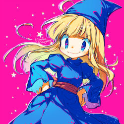 Rule 34 | 1girl, blonde hair, blue eyes, blue hat, blue robe, blunt ends, closed mouth, cowboy shot, hands on own hips, hat, juliet sleeves, long hair, long sleeves, madou monogatari, pink background, puffy sleeves, puyopuyo, rakuni, robe, smile, solo, star (symbol), starry background, v-shaped eyebrows, wide sleeves, witch, witch (puyopuyo)