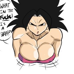 Rule 34 | 1girl, absurdres, bare shoulders, black eyes, black hair, breasts, caulifla, cleavage, dragon ball, dragon ball super, english text, female focus, highres, long hair, pseudocel, saiyan, simple background, solo, source request, strapless, tagme, tube top, white background
