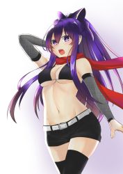 Rule 34 | 1girl, bikini, bikini top only, black bikini, black shorts, black thighhighs, bow, breasts, cleavage, cowboy shot, date a live, detached sleeves, floating hair, gradient background, grey background, groin, hair between eyes, hair bow, hand in own hair, high ponytail, highres, large breasts, long hair, m kong, navel, open mouth, purple bow, purple eyes, purple hair, red scarf, scarf, short shorts, shorts, solo, standing, swimsuit, thighhighs, underboob, very long hair, yatogami tooka, zettai ryouiki
