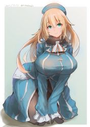 Rule 34 | 1girl, absurdres, all fours, ascot, atago (kancolle), beret, black gloves, blonde hair, blue hat, border, breasts, commentary request, gloves, grey background, hat, highres, kantai collection, large breasts, long hair, looking at viewer, military, military uniform, pantyhose, saamon (salmonkomaku), simple background, smile, solo, two-tone background, uniform, white border, white pantyhose