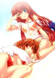 Rule 34 | 2girls, ;p, a-chan senpai, bikini, blue eyes, blush, brown hair, cat, dutch angle, halterneck, lennon, little busters!, long hair, lying, multiple girls, natsume rin, navel, off shoulder, on side, one eye closed, open mouth, ponytail, red eyes, smile, swimsuit, tongue, tongue out, v over eye, very long hair, wink, yuri, zen