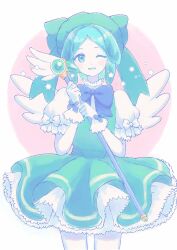 Rule 34 | 1other, ;d, absurdres, androgynous, aqua hair, blue bow, blue bowtie, blush, bow, bowtie, cardcaptor sakura, chamotora, circle, colored skin, cosplay, cowboy shot, dress, fuuin no tsue, gem, gloves, green dress, green gemstone, green hat, hands up, hat, highres, holding, holding wand, houseki no kuni, kinomoto sakura, kinomoto sakura (cosplay), looking at viewer, one eye closed, open mouth, other focus, parted bangs, petticoat, phosphophyllite, puffy short sleeves, puffy sleeves, shirt, short dress, short hair, short sleeves, smile, solo, star (symbol), wand, white background, white bow, white gloves, white shirt, white skin, winged wand
