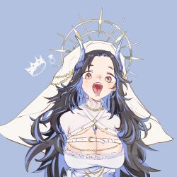 Rule 34 | 1girl, belt, black hair, blue background, blue gemstone, blue hair, blue horns, breasts, brown eyes, buranka, chain, chain necklace, chest belt, cleavage, coif, commentary request, crown, demon girl, demon horns, dress, forked tongue, gem, halo, hebiyoi tier, hebiyoi tier (2nd costume), highres, horns, jewelry, lace, large breasts, long hair, looking at viewer, messy hair, multicolored hair, nanashi inc., necklace, nun, open mouth, pointy ears, ring, simple background, solo, teeth, tongue, two-tone hair, upper body, very long hair, virtual youtuber, white belt, white dress, white headwear, yellow halo