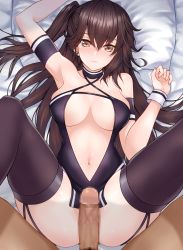 Rule 34 | 1boy, 1girl, arm strap, armpits, arms up, ass, azur lane, bare shoulders, bed sheet, black choker, black panties, black thighhighs, blush, breasts, brown eyes, brown hair, censored, center opening, choker, cleavage, closed mouth, clothed female nude male, clothing cutout, collarbone, commentary request, cowboy shot, criss-cross halter, dark-skinned male, dark skin, earrings, erection, garter straps, hair between eyes, hajika, halterneck, hand up, hetero, highres, imminent penetration, jewelry, long hair, looking at viewer, lying, medium breasts, mosaic censoring, navel, navel cutout, nude, on back, on bed, panties, pelvic curtain, penis, pillow, pov, presenting, race queen, side ponytail, sidelocks, skindentation, solo focus, spread legs, thighhighs, underwear, very long hair, wrist cuffs, zuikaku (azur lane), zuikaku (the wind&#039;s true name) (azur lane)