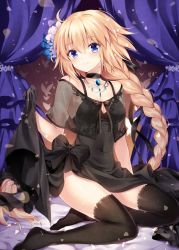 Rule 34 | 1girl, ahoge, black dress, black gloves, black thighhighs, blonde hair, blue eyes, braid, braided ponytail, breasts, choker, cleavage, collarbone, covered navel, curtains, dress, fate/grand order, fate (series), female focus, flower, gloves, hair flower, hair ornament, jeanne d&#039;arc (fate), jeanne d&#039;arc (formal dress) (fate), jeanne d&#039;arc (ruler) (fate), jewelry, long hair, looking at viewer, medium breasts, necklace, no shoes, nogi takayoshi, single braid, smile, solo, thighhighs, very long hair