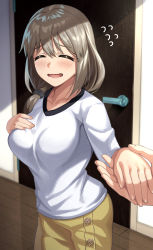 Rule 34 | 1girl, beppu mitsunaka, blush, breasts, buttons, closed eyes, flying sweatdrops, grey hair, highres, holding hands, large breasts, long hair, long sleeves, low tied hair, mature female, open mouth, out of frame, shirt, smile, solo focus, uzaki-chan wa asobitai!, uzaki tsuki, wavy mouth, white shirt