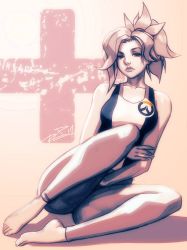 Rule 34 | 1girl, barefoot, breasts, commentary, feet, highres, lips, looking at viewer, medium breasts, mercy (overwatch), monochrome, nose, overwatch, overwatch (logo), overwatch 1, pants, ponytail, robaato, sitting, sleeveless, solo, spiked hair, striped, tank top, toes, vertical stripes, yoga pants