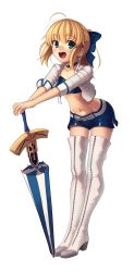 Rule 34 | 1girl, absurdres, ahoge, artoria pendragon (all), artoria pendragon (fate), belt, blonde hair, blue bow, blue skirt, boa (brianoa), boots, bow, choker, commentary request, cropped jacket, excalibur (fate/stay night), fate/stay night, fate (series), flat chest, full body, green eyes, hair bow, highres, looking at viewer, midriff, official alternate costume, official alternate hairstyle, open mouth, planted, planted umbrella, polka dot, polka dot background, ponytail, race queen, saber (fate), saber (type-moon racing) (fate), short shorts, shorts, skirt, solo, standing, sword, thigh boots, thighhighs, transparent background, type-moon, umbrella, weapon, white belt, white footwear, white thighhighs, zettai ryouiki
