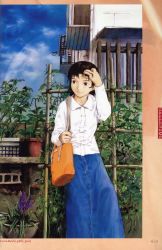Rule 34 | 00s, 1girl, abe yoshitoshi, absurdres, adjusting hair, air conditioner, androgynous, bag, balcony, blouse, blue sky, brown eyes, brown hair, bulge, chigasaki mayuko, closed mouth, cloud, collared shirt, day, denim, denim skirt, flower, flower pot, hand in own hair, handbag, highres, house, hyacinth, long skirt, long sleeves, looking to the side, niea 7, outdoors, over shoulder, page number, plant, potted plant, railing, scan, shirt, short hair, skirt, sky, smile, solo, white shirt, wing collar