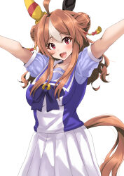 Rule 34 | 1girl, :d, animal ears, arms up, blush, breasts, brown hair, collarbone, commentary request, copano rickey (umamusume), ear covers, fang, highres, horse ears, horse girl, horse tail, large breasts, long hair, mihe, multicolored hair, open mouth, pleated skirt, red eyes, sailor collar, school uniform, short sleeves, simple background, single ear cover, skirt, smile, solo, streaked hair, tail, tracen school uniform, umamusume, white background, white hair, white sailor collar, white skirt