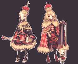 Rule 34 | 2girls, blonde hair, cape, capelet, collet, crown, full body, lowres, marionette, multiple girls, original, pixel art, puppet, queen, scepter, sword, transparent background, weapon