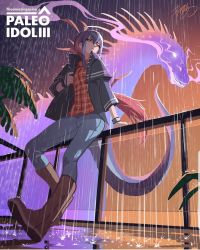 Rule 34 | 1girl, artist name, bad id, bad instagram id, boots, brown footwear, collared shirt, denim, dinosaur, gradient hair, gradient sky, highres, humanization, jacket, jeans, kamitoge supino, knee boots, looking to the side, multicolored hair, open clothes, open jacket, original, palm tree, pants, personification, plaid, plaid shirt, rain, sauropod, shirt, shoe soles, short sleeves, signature, silhouette, sky, solo, tree, wet floor
