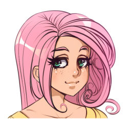 Rule 34 | 1girl, eyelashes, fluttershy, freckles, green eyes, lips, long hair, maniacpaint, my little pony, my little pony: friendship is magic, personification, pink hair, smile, solo, upper body