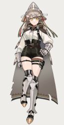 Rule 34 | 1girl, arknights, armor, basashisenjumin, black shorts, cape, commentary request, fartooth (arknights), full body, greaves, grey background, grey hair, hand on own hip, headgear, highres, long hair, looking at viewer, shirt, short shorts, shorts, simple background, solo, standing, thigh strap, thighs, vambraces, white shirt, yellow eyes